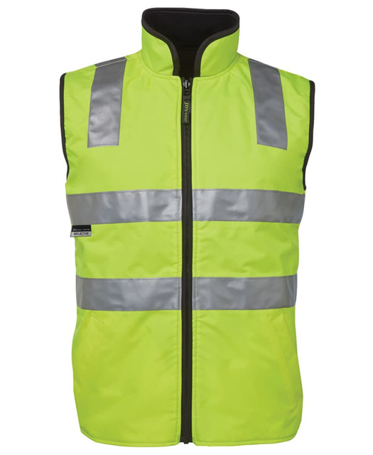 High-visibility yellow reflective vest with silver stripes and a zip front, featuring a logo on the side.