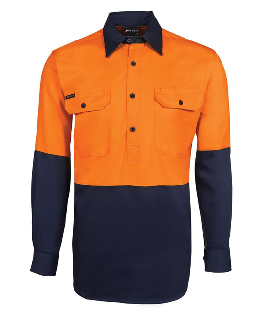 An orange and navy long-sleeve work shirt featuring two chest pockets and a logo.
