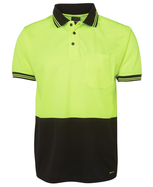 A high-visibility yellow and black polo shirt with a collar and pocket, featuring a logo.