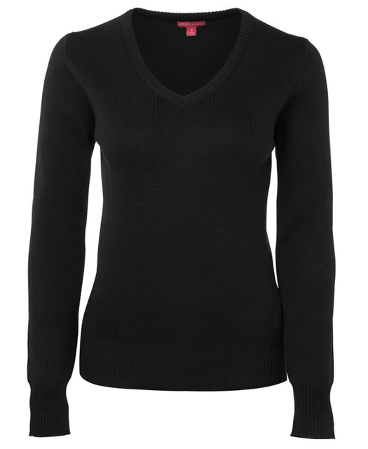 A black ladies knitted jumper with a V-neck and long sleeves, featuring ribbed cuffs and hem.