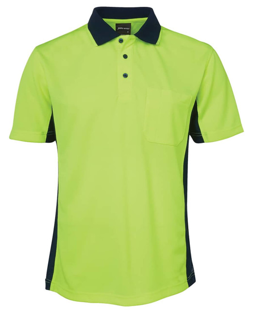 A bright yellow-green short sleeve polo shirt with a navy collar and side panels, featuring a chest pocket and a logo.