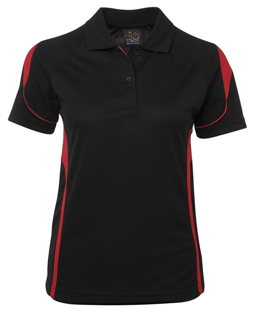A black polo shirt with red side accents and a collar, featuring a logo on the front.