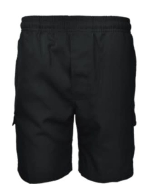 Black kids' cargo shorts featuring side pockets and an elastic waistband. The back view highlights the design and fit.