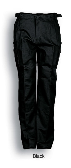 Black cotton drill cargo work pants featuring multiple pockets and a waistband adjuster. Includes a logo on the garment.