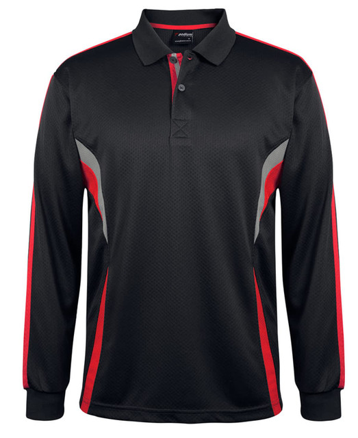 A black and red long-sleeve polo shirt with a structured design and a logo.
