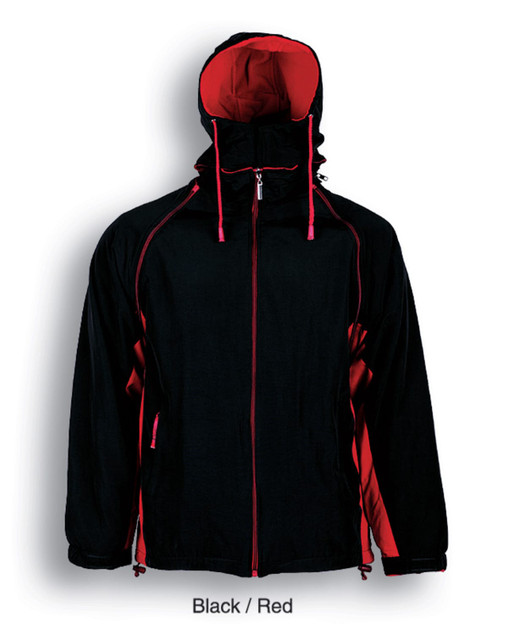 A unisex three-in-one jacket in black with red accents, featuring a hood and zip closure. Includes a logo.