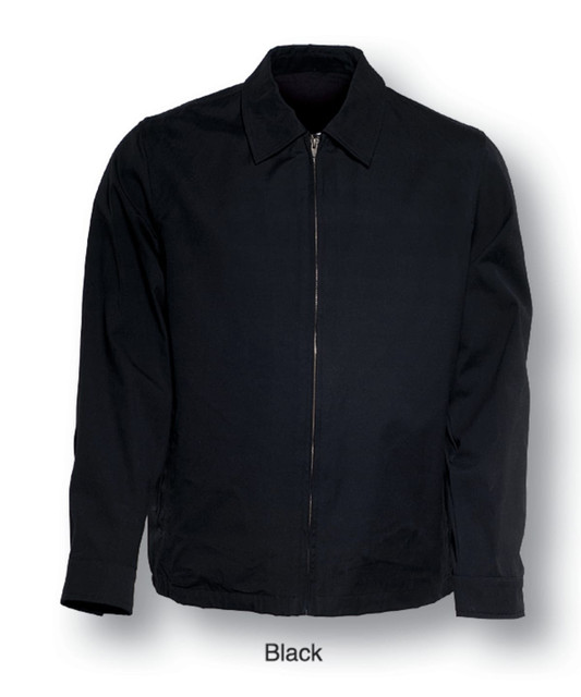 A black unisex adults canvas jacket with a front zip and a collar, featuring a logo.