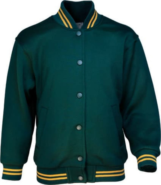A green bomber jacket with yellow stripes on the collar and cuffs, featuring a logo on the chest.