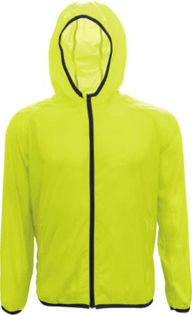 A bright yellow unisex rain jacket with a hood and black zipper accents. It features a logo on the front.