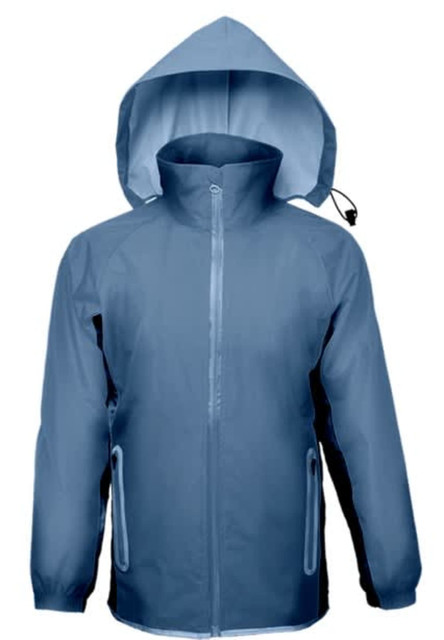 A unisex adults' reflective wet weather jacket in blue, featuring a hood and zipper pockets. It has a logo on it.