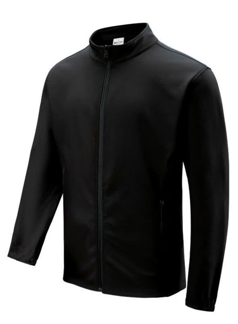 A black men's softshell jacket with a zip front and adjustable cuffs, featuring side pockets and a logo.