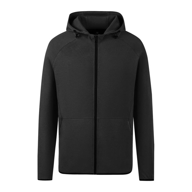 A black zipped hoodie featuring a hood and front zip, with a subtle branding logo.
