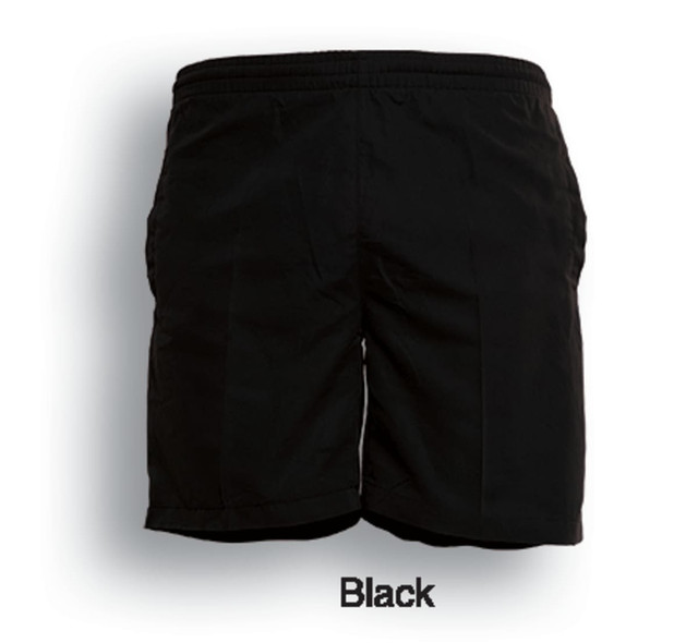 Black kids' peach skin microfibre shorts with an elastic waistband and side pockets. Features a logo on the back. 