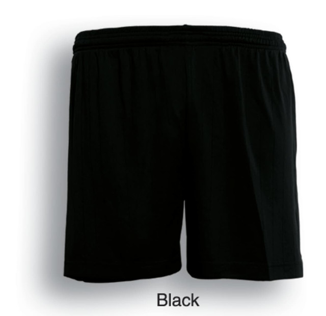 Black unisex sports shorts with an elastic waistband and a logo on the side.