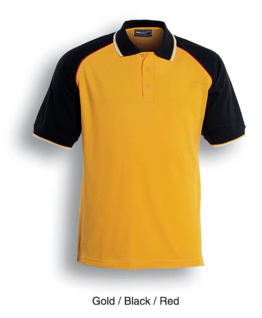 A three-tone polo shirt in gold, black, and red featuring a collar and a logo.