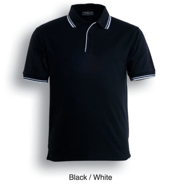 A black polo shirt with white double stripes and a logo on the collar.