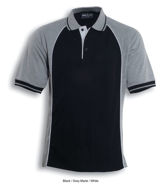 A black and grey marle polo shirt with white accents and a logo on the chest.