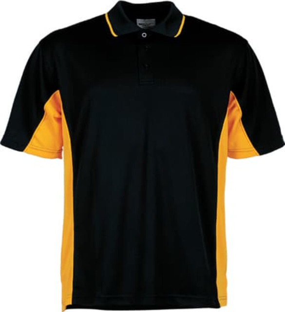A black and yellow men's polo shirt featuring a classic collar and short sleeves, with a logo on the chest.