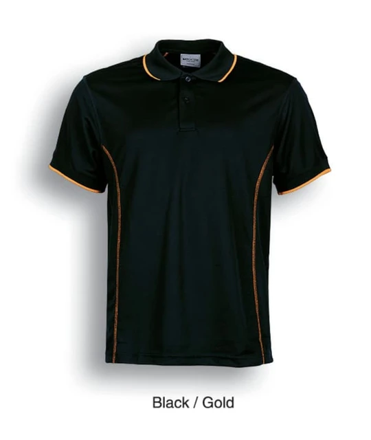 A black polo shirt with gold accents and a logo, featuring short sleeves and a classic collar.