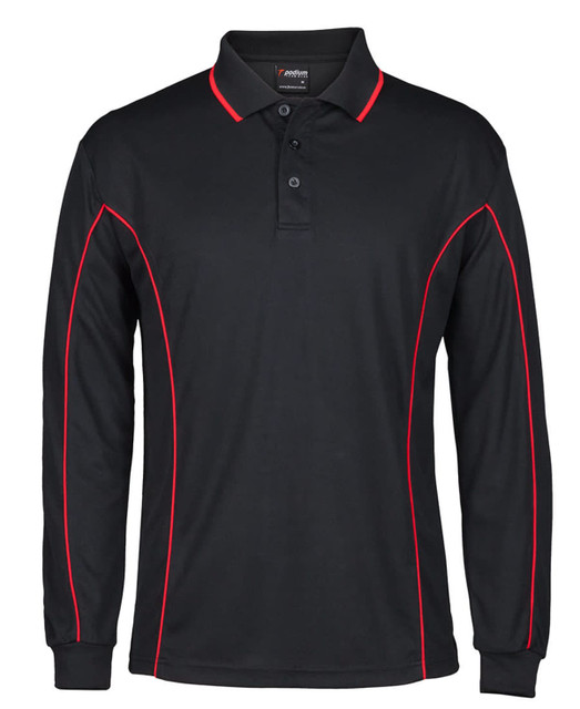 Long sleeve black polo shirt with red piping and a collar, featuring a logo on the chest.
