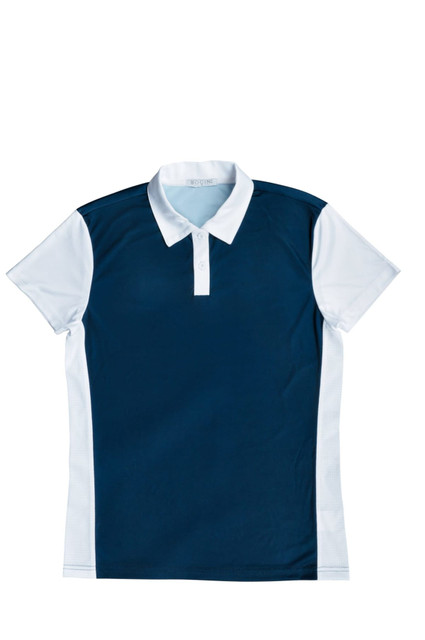 A ladies sports polo shirt in navy blue and white, featuring short sleeves and a collar. It has a logo on it.