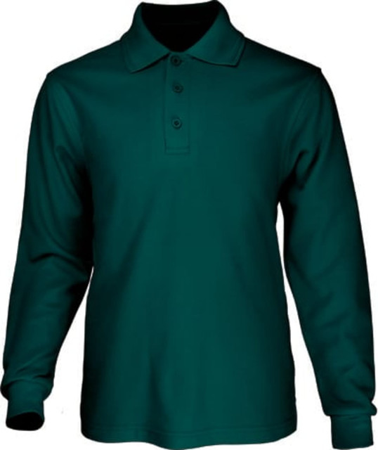 A long sleeve basic polo shirt in a deep teal colour, featuring a collar and three buttons, with a logo on the chest.