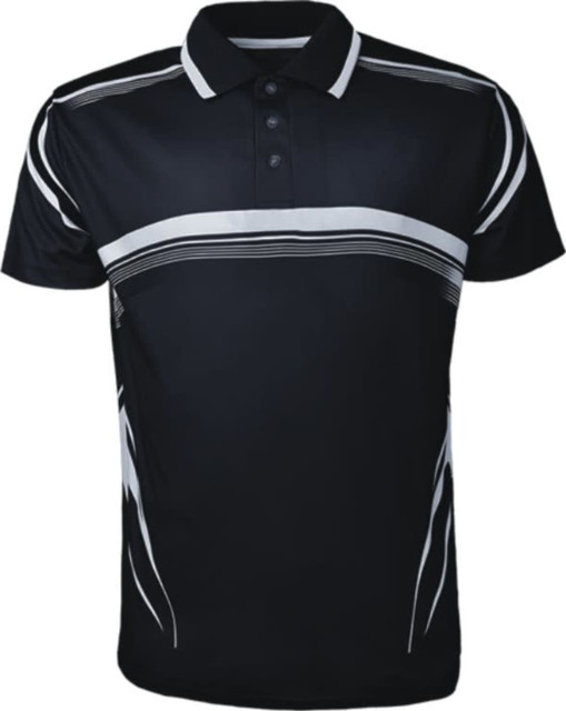 A black polo shirt featuring white stripes and a collar. Includes a logo on the fabric.