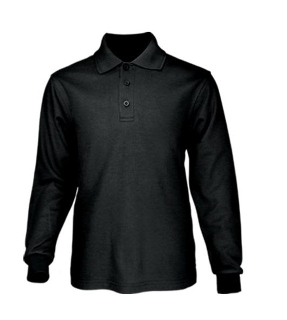 A long sleeve polo shirt in plain black, featuring a collar and button placket, with a logo on the chest.