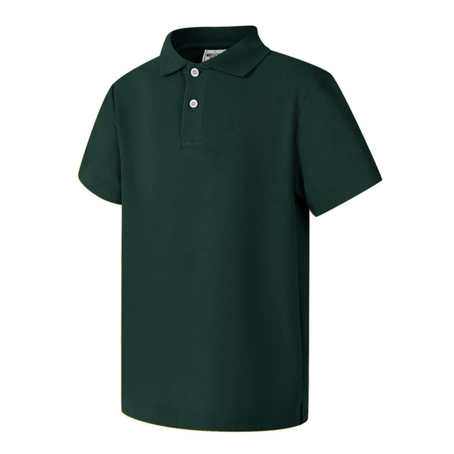 A dark green short sleeve polo shirt featuring a collar and three buttons, with a logo on one side.