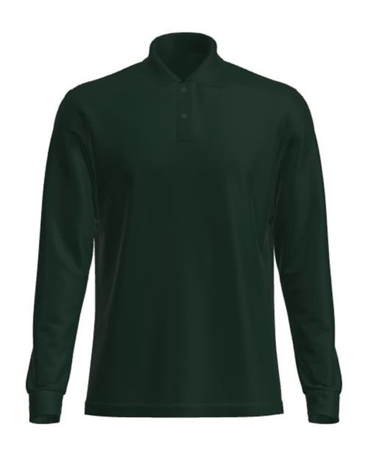 A long-sleeve polo shirt in dark green, featuring a collar and a logo.
