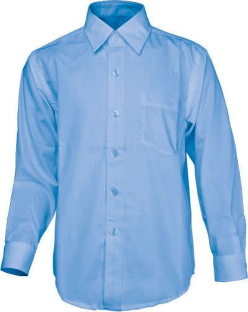 A light blue long sleeve button-up school shirt with a front pocket and a logo.