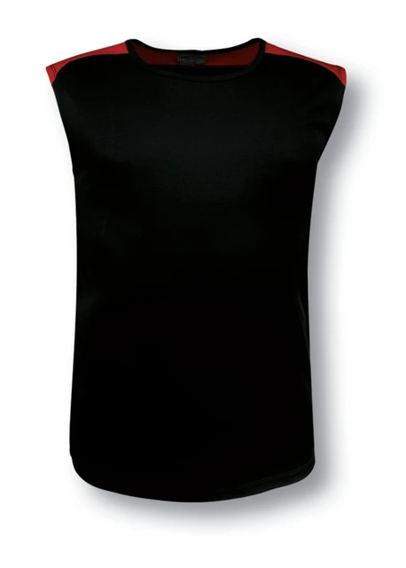 A black sleeveless tank top with red contrast features and a logo on the side.