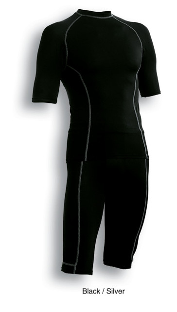 A black and silver men's short-sleeve performance top with matching shorts, featuring a logo and sporty design.
