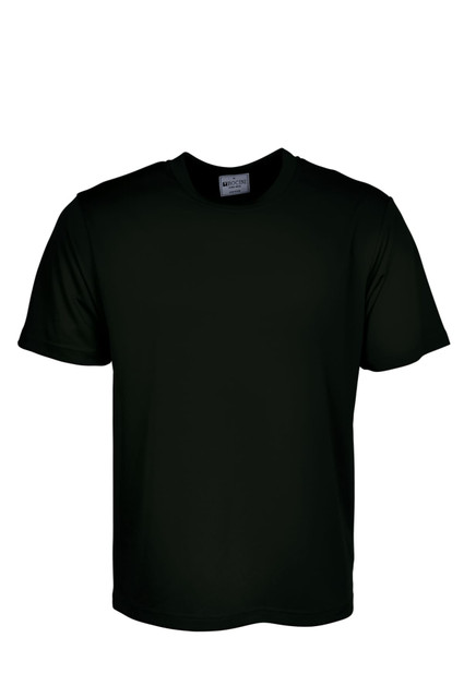 A plain black micromesh tee shirt featuring short sleeves and a round neck design. It includes a brand logo.