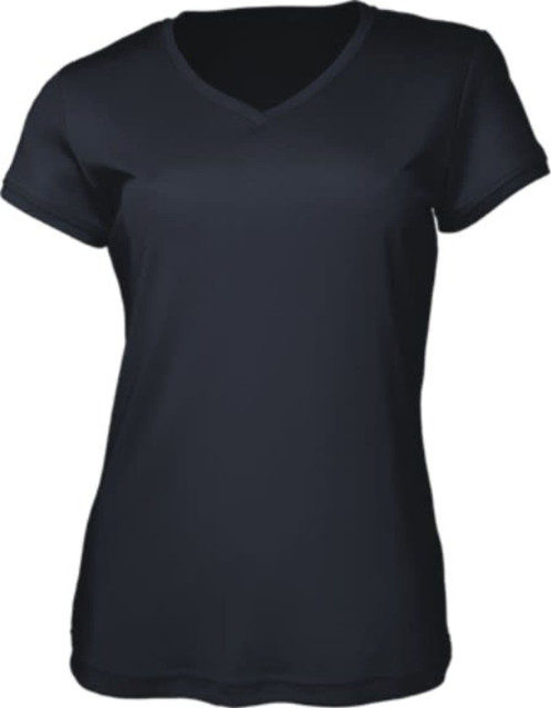 A ladies' brushed v-neck tee shirt in navy blue, featuring short sleeves and a fitted design. It has a logo.