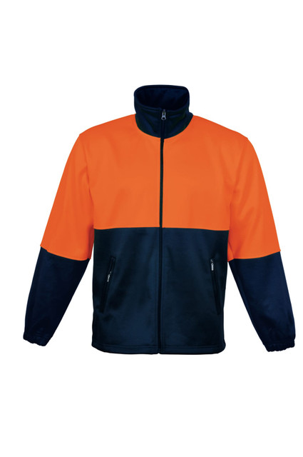 A unisex hi-vis fleece jacket in bright orange and navy, featuring a full zip and two side pockets.