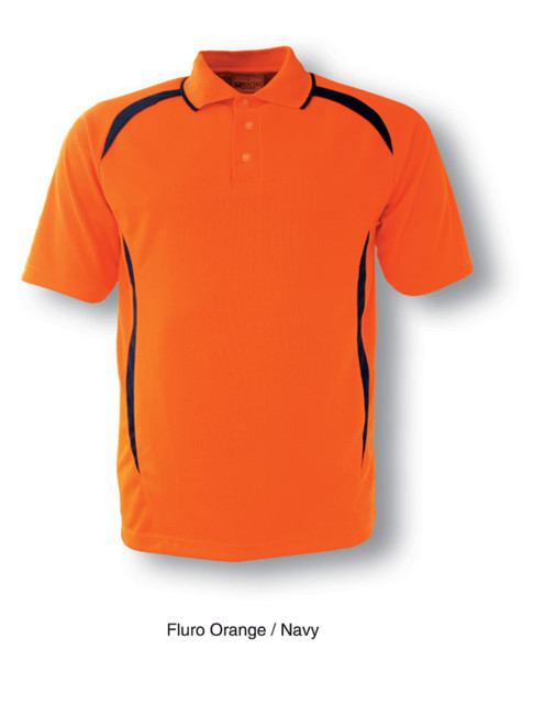 A unisex hi-vis polo shirt in fluro orange with navy detailing, featuring a collar and a logo.