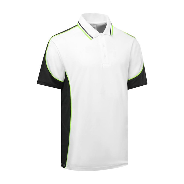 A white polo shirt with black sides and green accents, featuring a small logo on the chest.