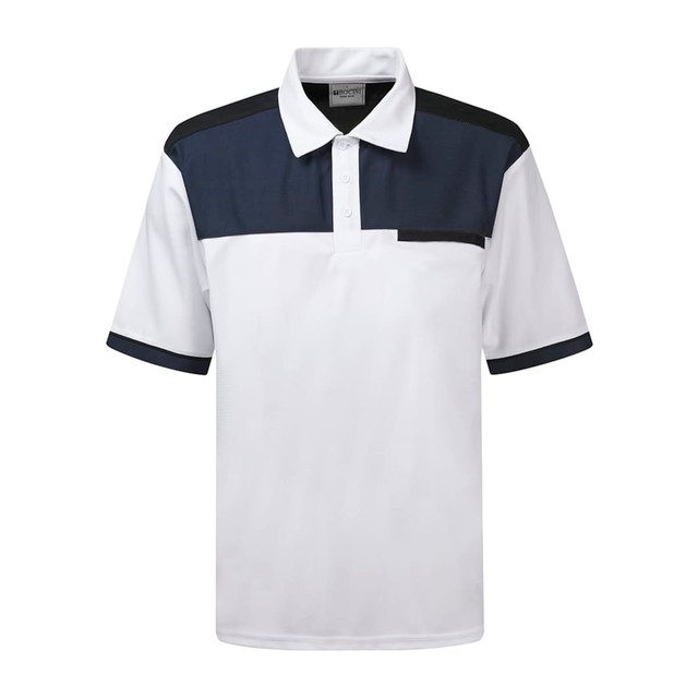 A white and navy SportTek polo shirt featuring a colour-block design and a logo.