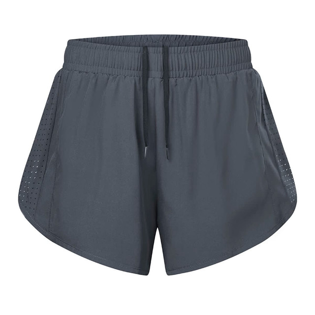 A pair of women's double layer sports shorts in dark grey, featuring a lightweight design with side mesh panels and a drawstring waist.