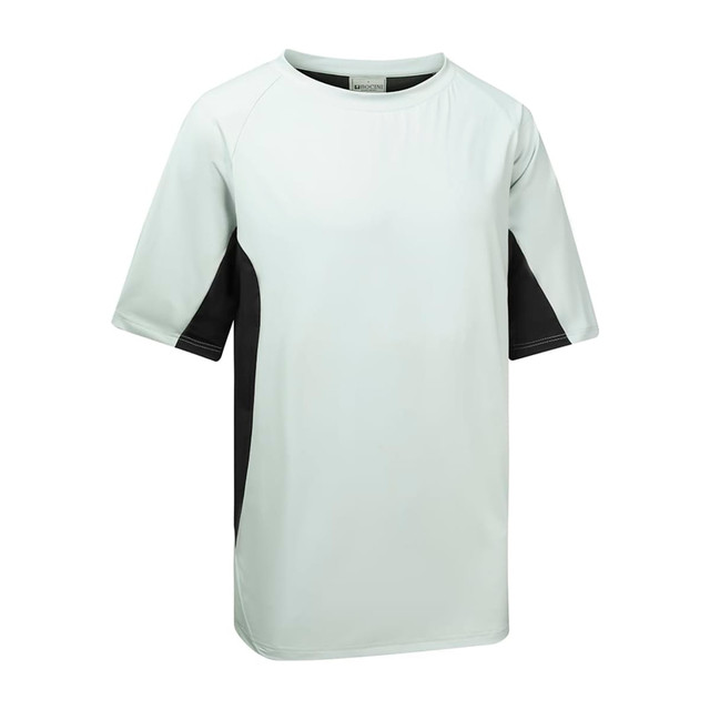 A light grey and black sports tee with short sleeves and a logo on it. Ideal for athletic wear.
