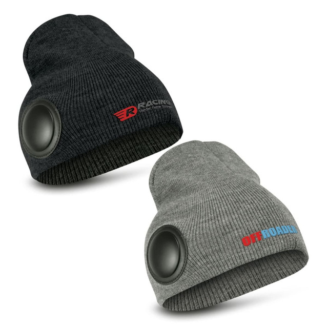 A black and grey Bluetooth beanie with speakers on the sides, featuring logos.