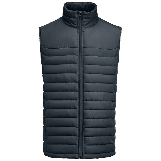 A dark grey men's padded vest with a high collar and vertical stitching, featuring a front zip closure and brand logo.