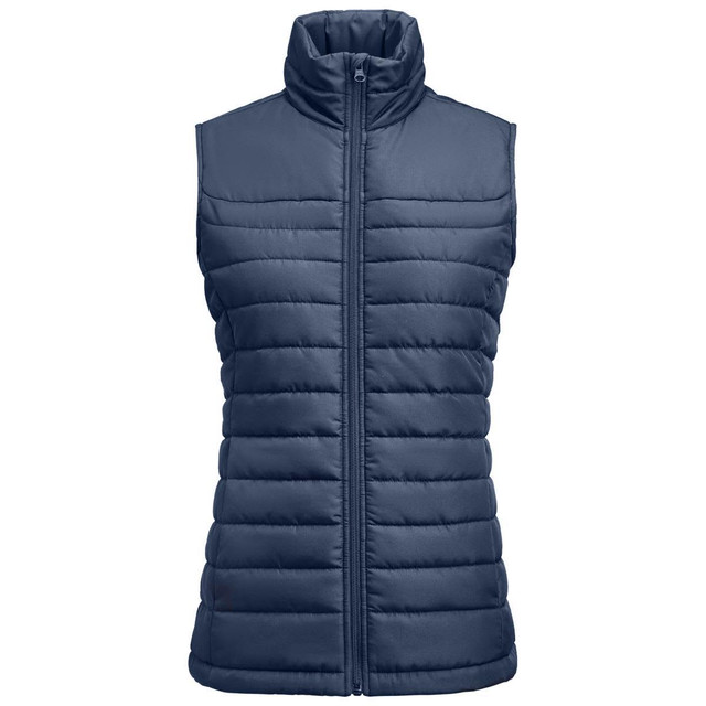 A women's padded vest in navy blue with a zip front and high collar. Features a branding logo.