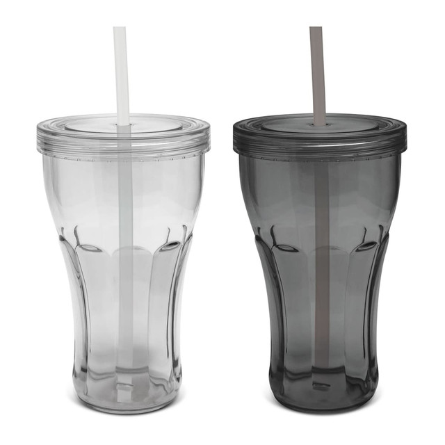A drink tumbler set featuring two plastic cups, one clear and one dark gray, both with removable lids and straws.