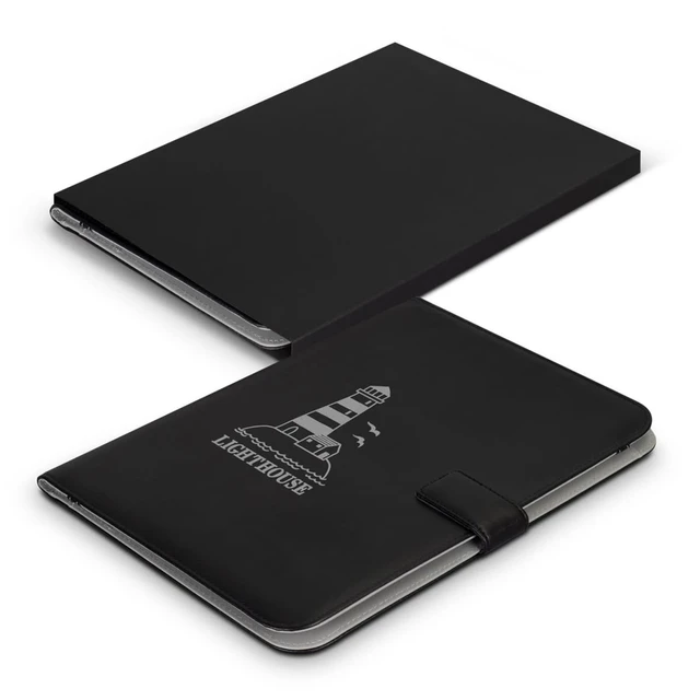 A black portfolio with a lighthouse design, featuring a secure strap closure and a sleek finish.