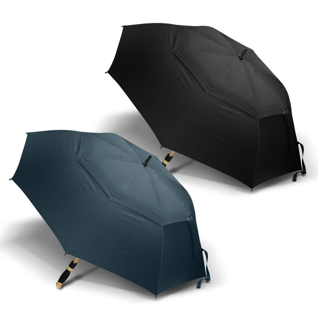 Two umbrellas are displayed: one in deep teal and the other in black, both featuring a logo.