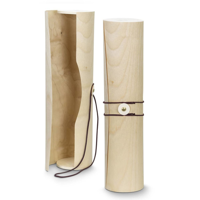 A drink bottle in a natural wood finish, featuring an attached leather strap and an ornate button detail.
