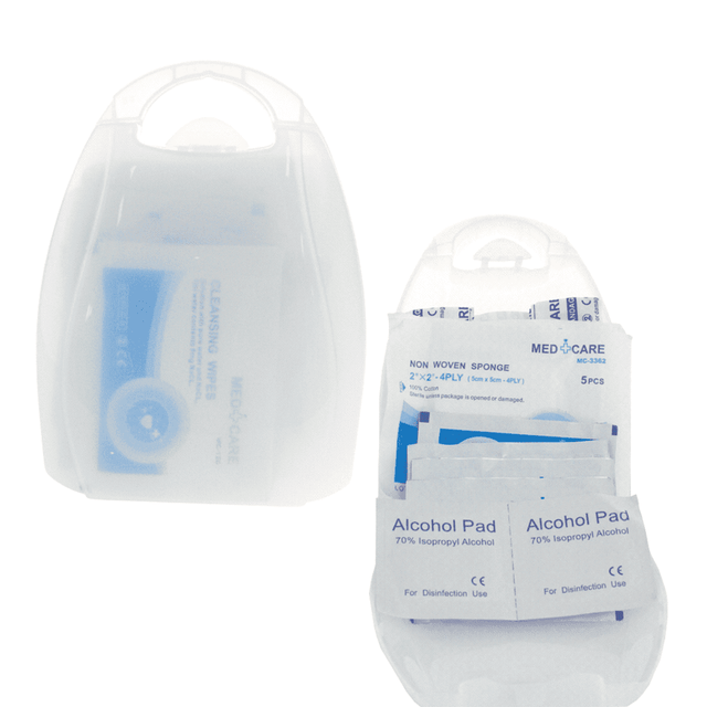 A white portable first aid kit featuring various medical supplies, including alcohol pads and cleansing wipes.