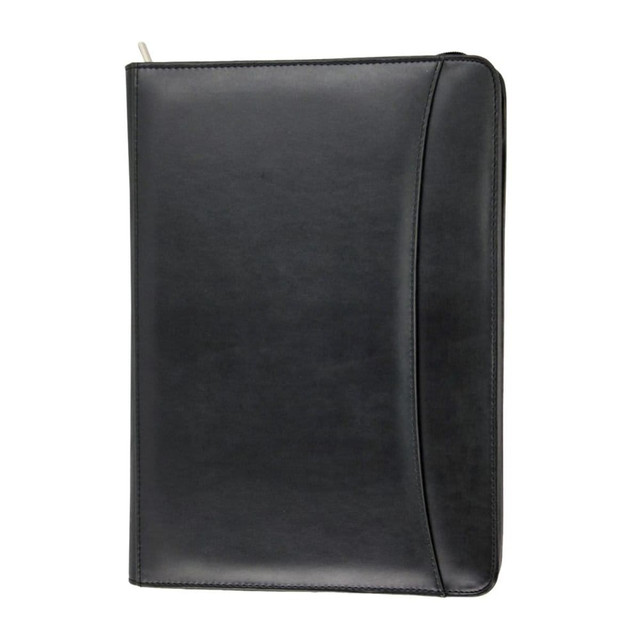 A black imitation leather zip compendium featuring a sleek design and a branded logo.